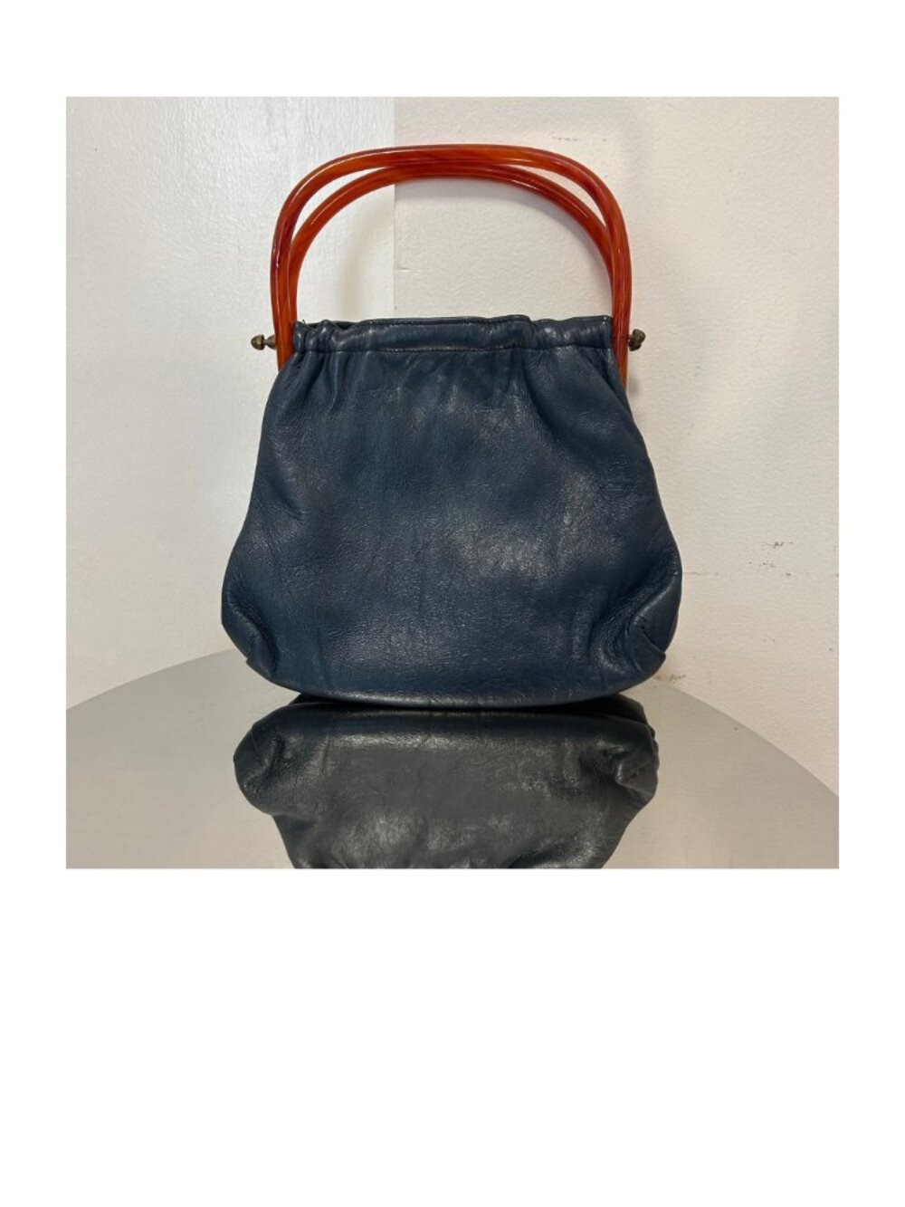 Vintage Navy Blue Leather Purse with Lucite Handles
